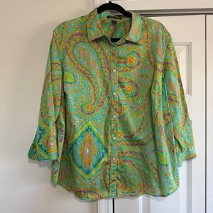 Lauren Ralph Lauren Green Paisley Button Down Blouse Size 2X